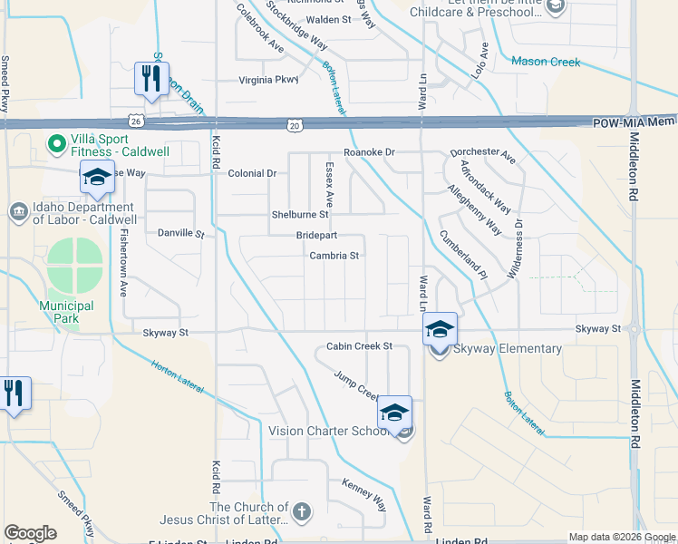 map of restaurants, bars, coffee shops, grocery stores, and more near 19609 Lenox Avenue in Caldwell