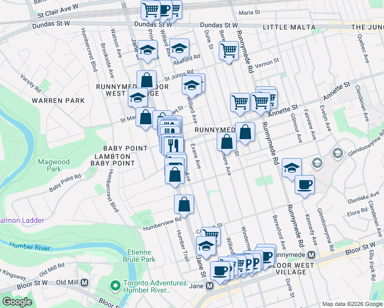 map of restaurants, bars, coffee shops, grocery stores, and more near 124 Evans Avenue in Toronto