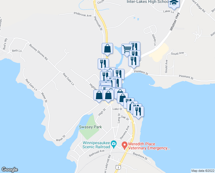 map of restaurants, bars, coffee shops, grocery stores, and more near Plymouth St & Main St in Meredith