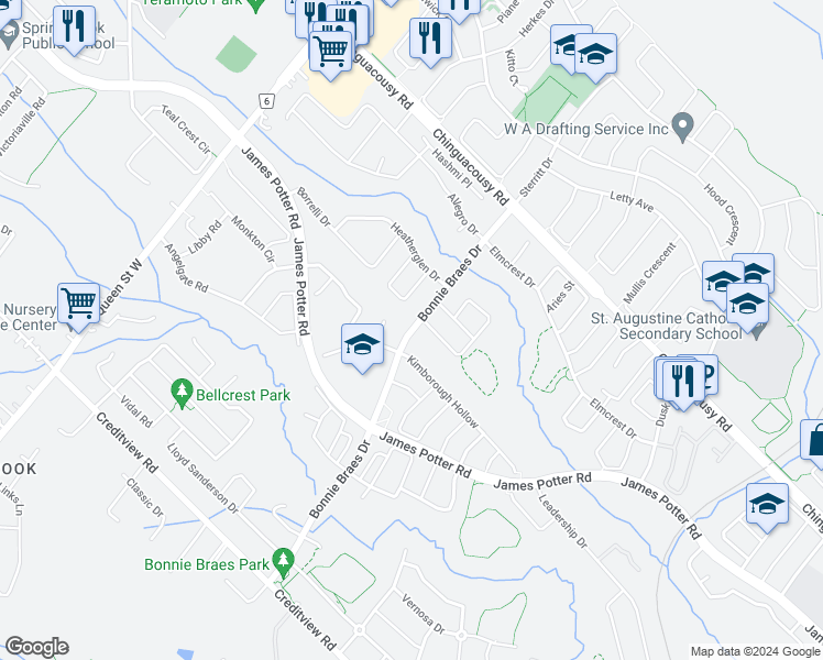 map of restaurants, bars, coffee shops, grocery stores, and more near 128 Bonnie Braes Drive in Brampton
