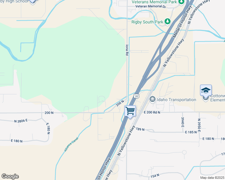 map of restaurants, bars, coffee shops, grocery stores, and more near 215 North 3900 East in Rigby