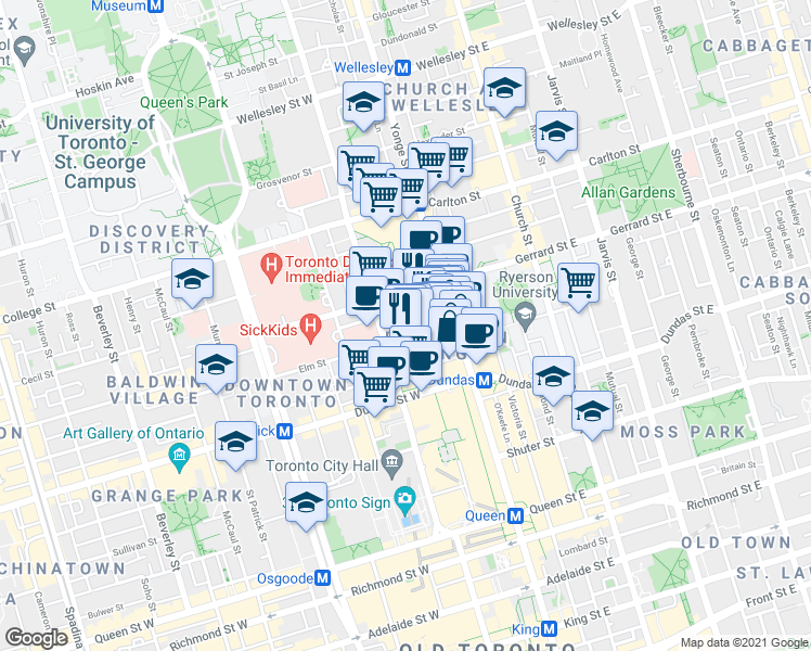 map of restaurants, bars, coffee shops, grocery stores, and more near 38 Elm Street in Toronto