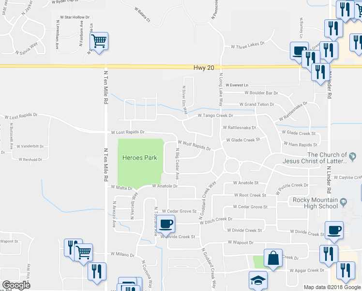map of restaurants, bars, coffee shops, grocery stores, and more near 2697 West Wolf Rapids Drive in Meridian