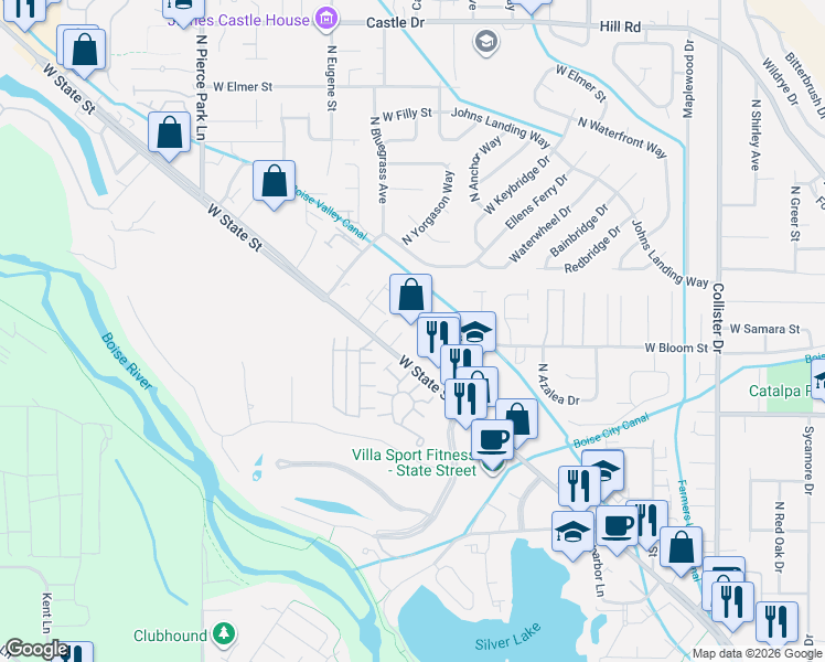 map of restaurants, bars, coffee shops, grocery stores, and more near 5728 West State Street in Boise