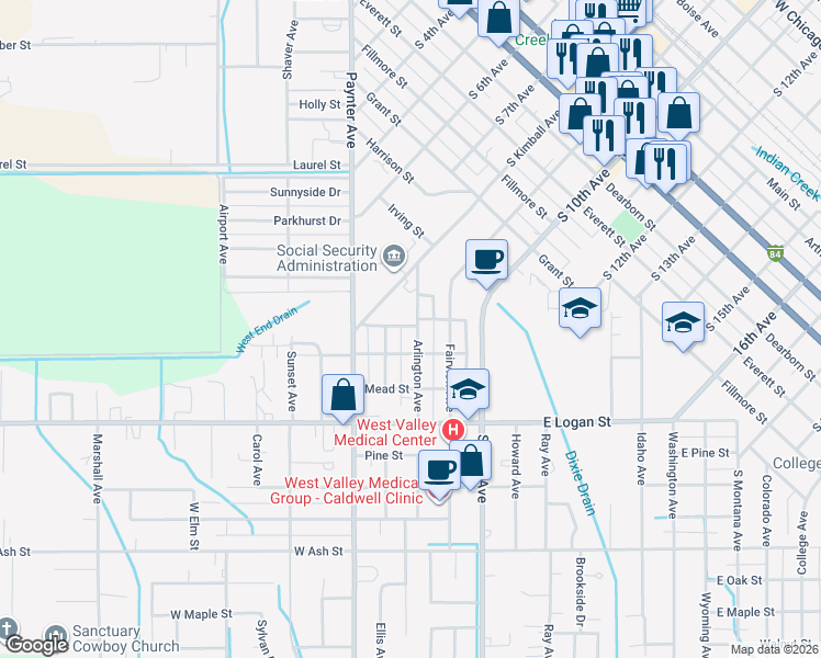 map of restaurants, bars, coffee shops, grocery stores, and more near 1419 Arlington Avenue in Caldwell
