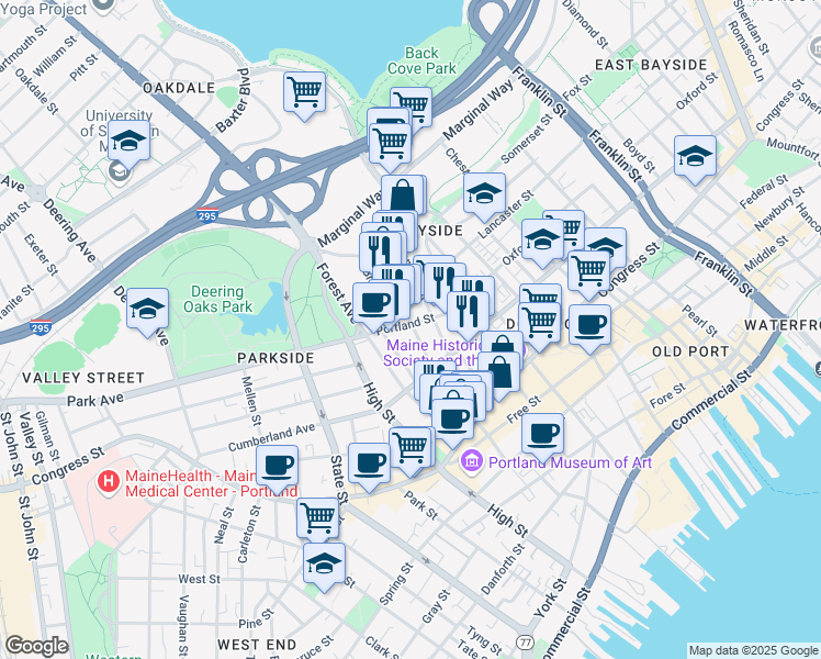map of restaurants, bars, coffee shops, grocery stores, and more near 58 Portland Street in Portland