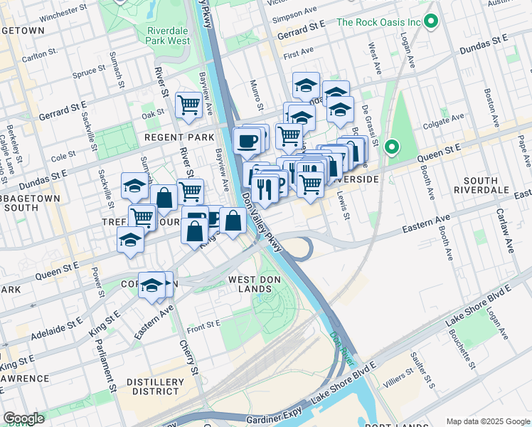 map of restaurants, bars, coffee shops, grocery stores, and more near 625 Queen Street East in Toronto