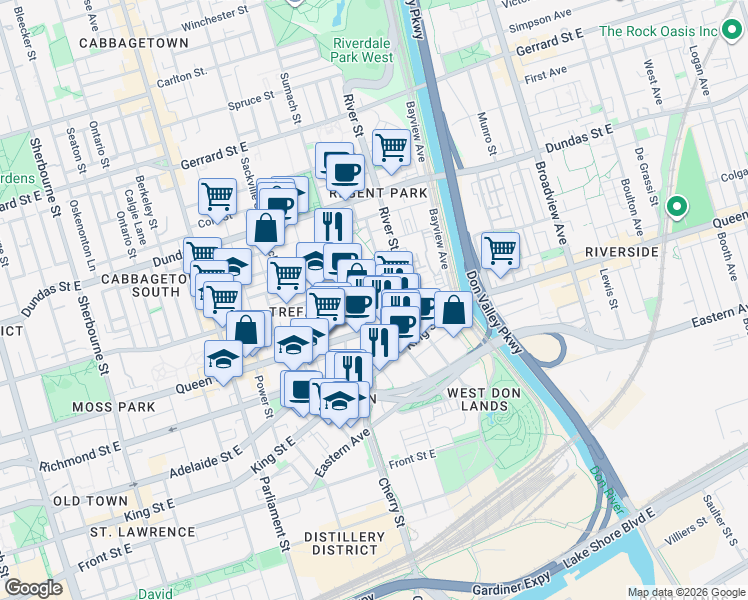 map of restaurants, bars, coffee shops, grocery stores, and more near 15 Wascana Avenue in Toronto