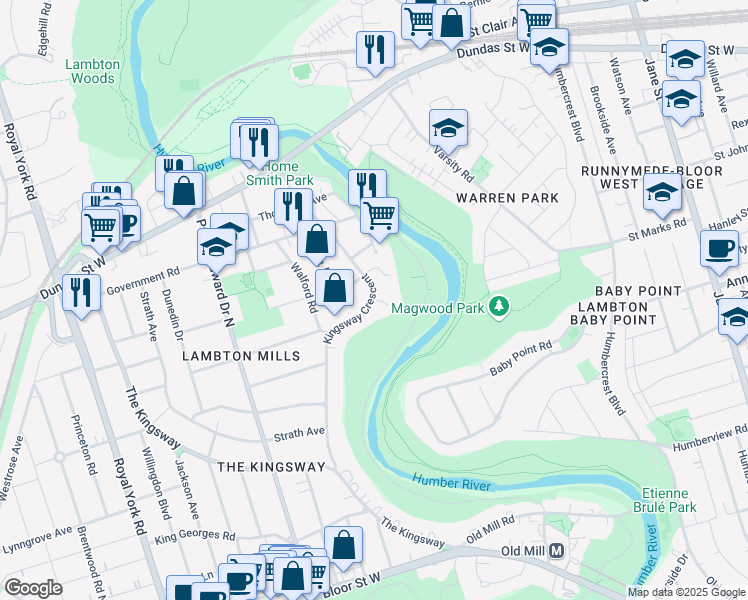 map of restaurants, bars, coffee shops, grocery stores, and more near 65 Kingsway Crescent in Toronto