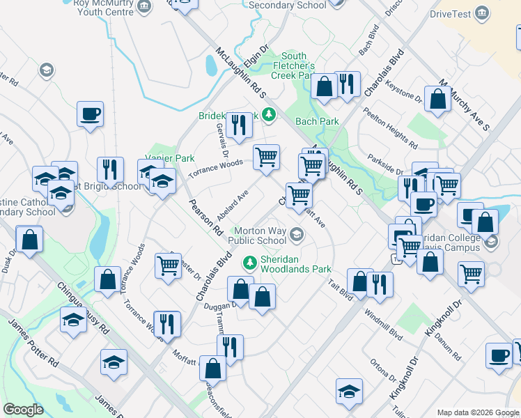 map of restaurants, bars, coffee shops, grocery stores, and more near 36 Dafoe Crescent in Brampton