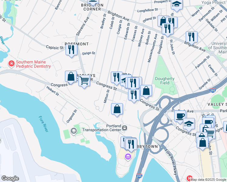 map of restaurants, bars, coffee shops, grocery stores, and more near 19 Powsland Street in Portland