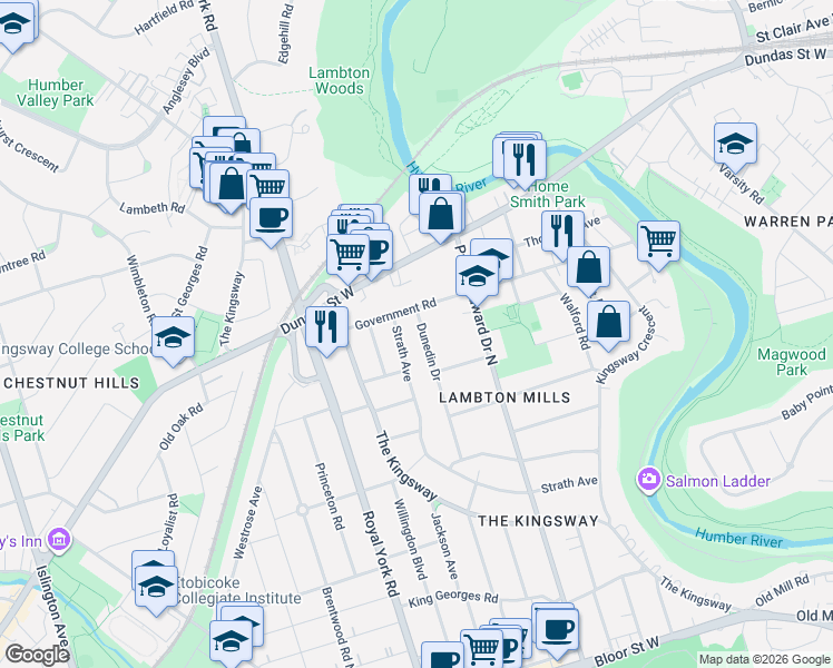 map of restaurants, bars, coffee shops, grocery stores, and more near 96 Dunedin Drive in Toronto