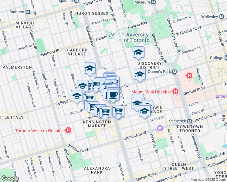 map of restaurants, bars, coffee shops, grocery stores, and more near 253 College Street in Toronto