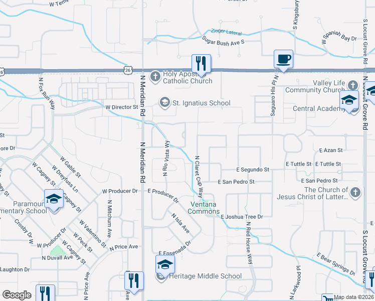 map of restaurants, bars, coffee shops, grocery stores, and more near 5780 North Rio Lomas Avenue in Meridian