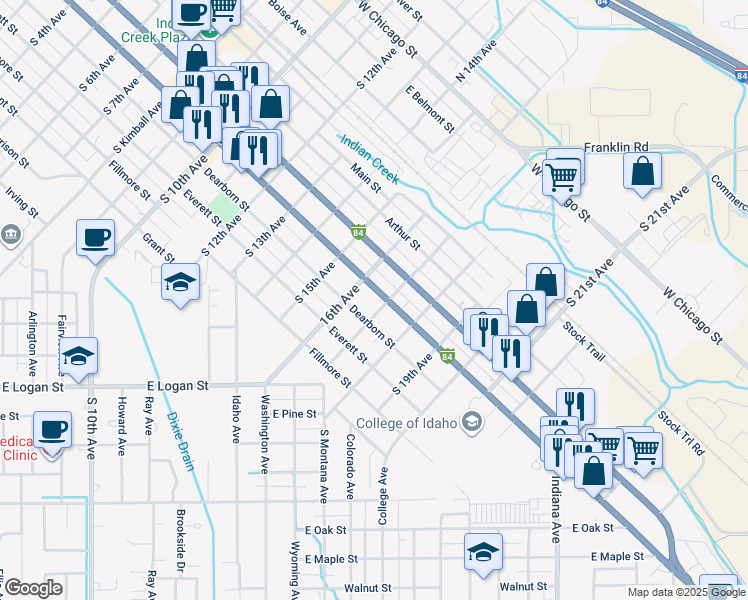 map of restaurants, bars, coffee shops, grocery stores, and more near 1702 Cleveland Boulevard in Caldwell