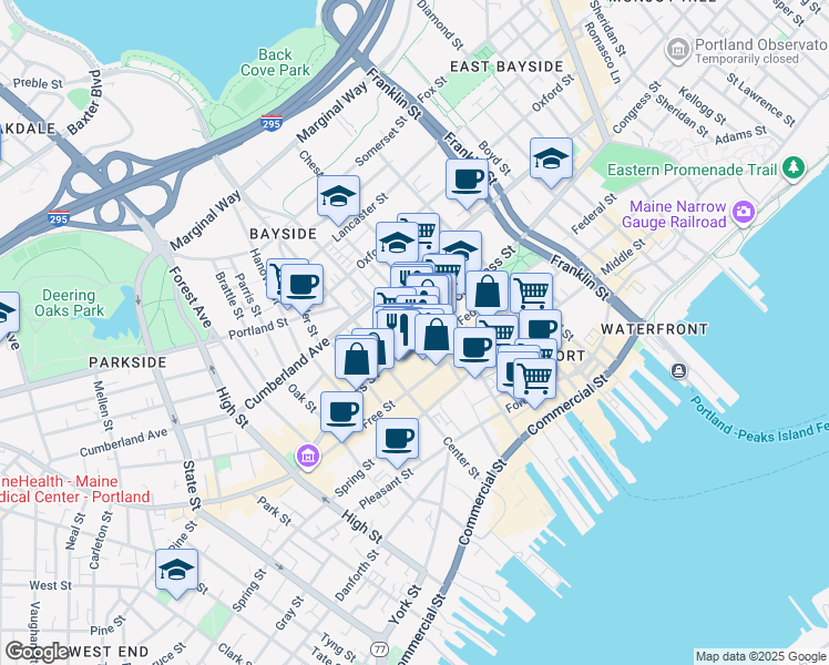 map of restaurants, bars, coffee shops, grocery stores, and more near 2 Monument Square in Portland
