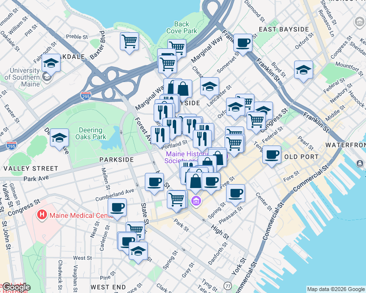 map of restaurants, bars, coffee shops, grocery stores, and more near 3 Mechanic Street in Portland