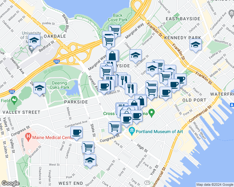 map of restaurants, bars, coffee shops, grocery stores, and more near 2 Mechanic Street in Portland