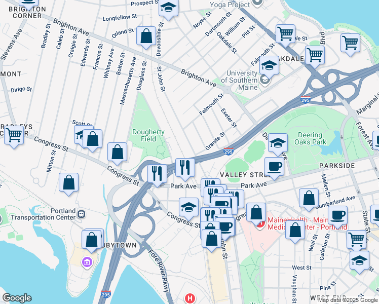 map of restaurants, bars, coffee shops, grocery stores, and more near 428 Saint John Street in Portland