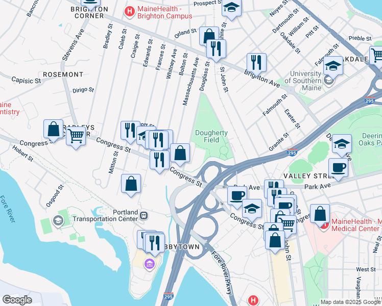 map of restaurants, bars, coffee shops, grocery stores, and more near 57 Douglass Street in Portland