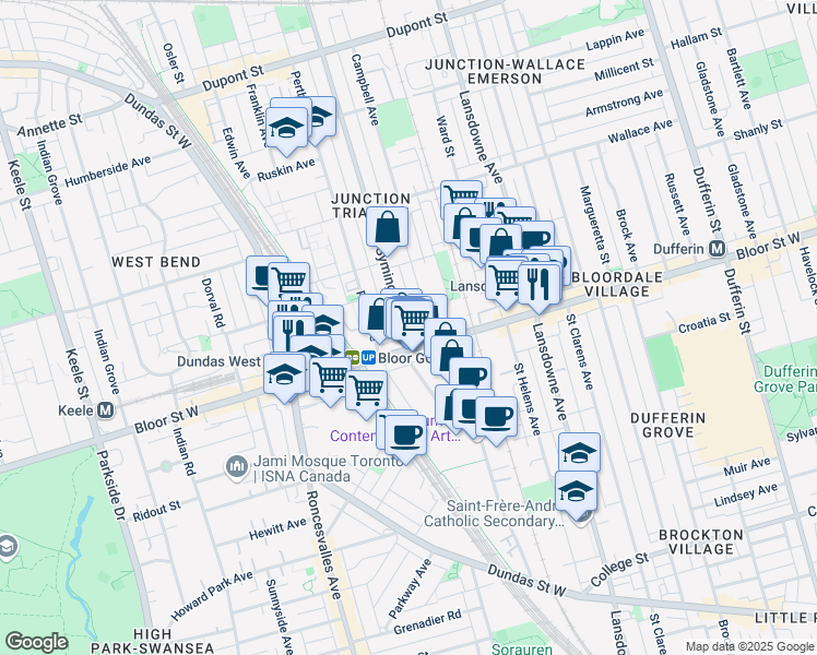 map of restaurants, bars, coffee shops, grocery stores, and more near in Toronto