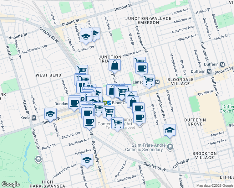 map of restaurants, bars, coffee shops, grocery stores, and more near in Toronto