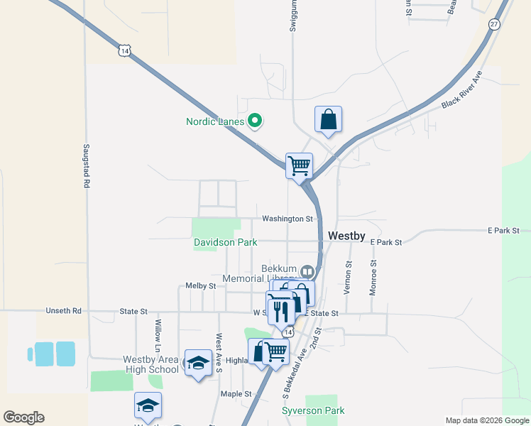 map of restaurants, bars, coffee shops, grocery stores, and more near 215 Washington Street in Westby