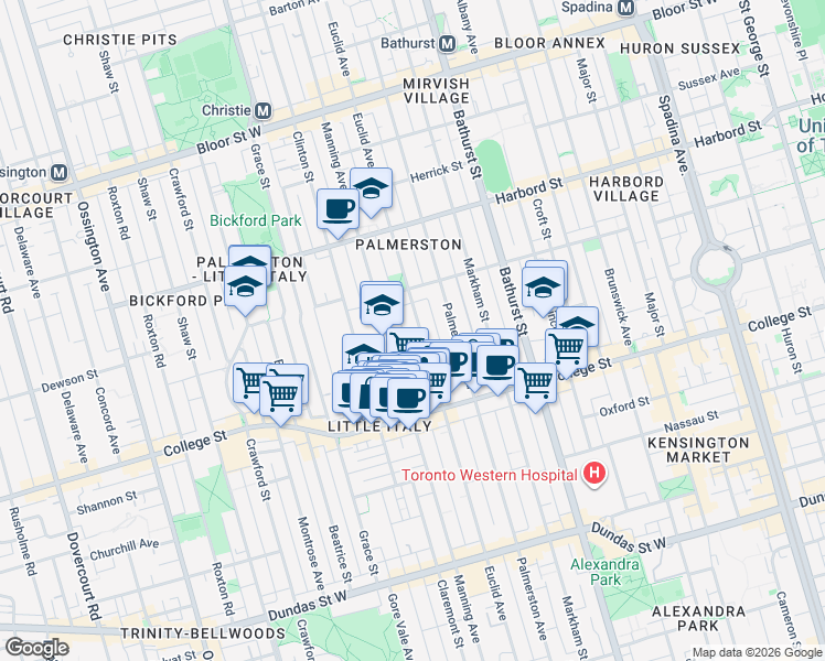 map of restaurants, bars, coffee shops, grocery stores, and more near 464 Euclid Avenue in Toronto