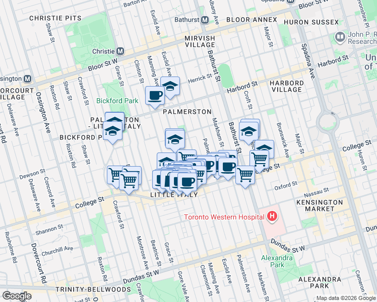 map of restaurants, bars, coffee shops, grocery stores, and more near 464 Euclid Avenue in Toronto