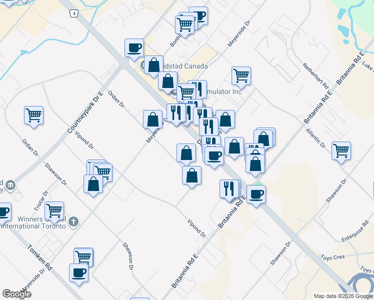 map of restaurants, bars, coffee shops, grocery stores, and more near 6200 Dixie Road in Mississauga
