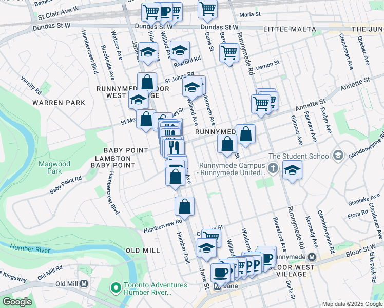 map of restaurants, bars, coffee shops, grocery stores, and more near 128 Evans Avenue in Toronto