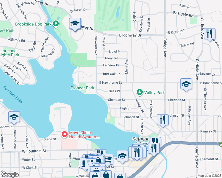 map of restaurants, bars, coffee shops, grocery stores, and more near 308 Giles Place in Albert Lea