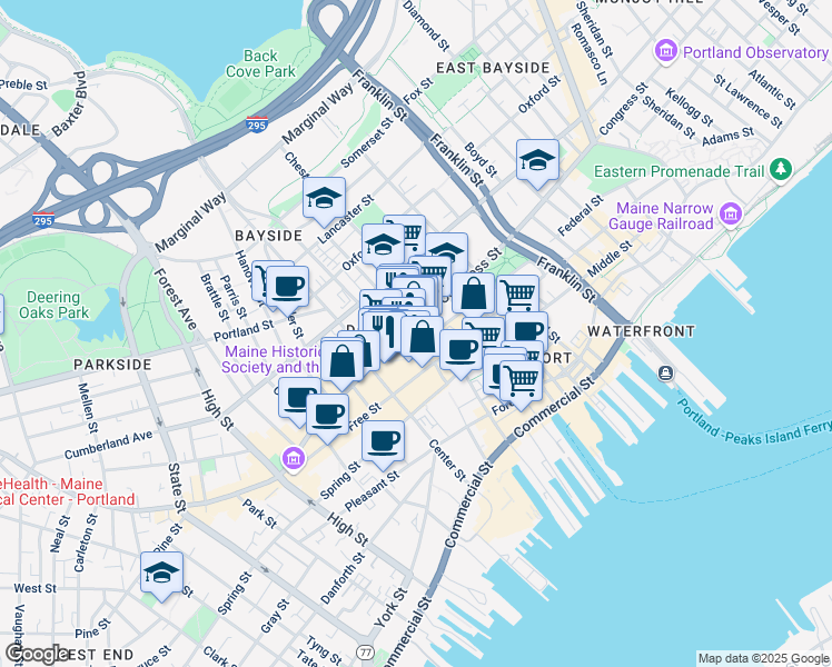 map of restaurants, bars, coffee shops, grocery stores, and more near 2 Monument Square in Portland