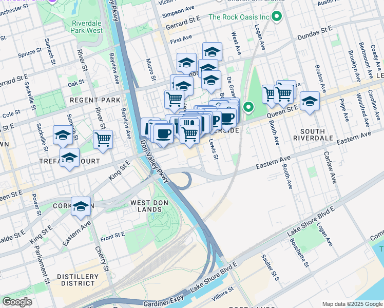 map of restaurants, bars, coffee shops, grocery stores, and more near 90 Broadview Avenue in Toronto