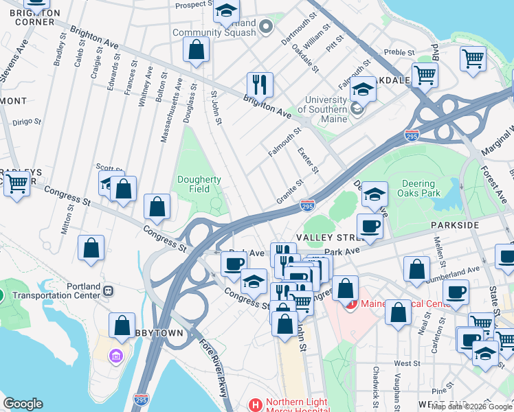 map of restaurants, bars, coffee shops, grocery stores, and more near 428 Saint John Street in Portland