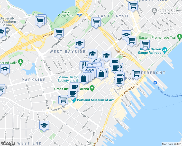 map of restaurants, bars, coffee shops, grocery stores, and more near 2 Elm Street in Portland