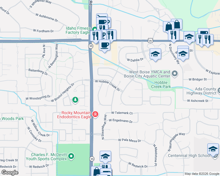 map of restaurants, bars, coffee shops, grocery stores, and more near 5796 North Brooklet Place in Boise