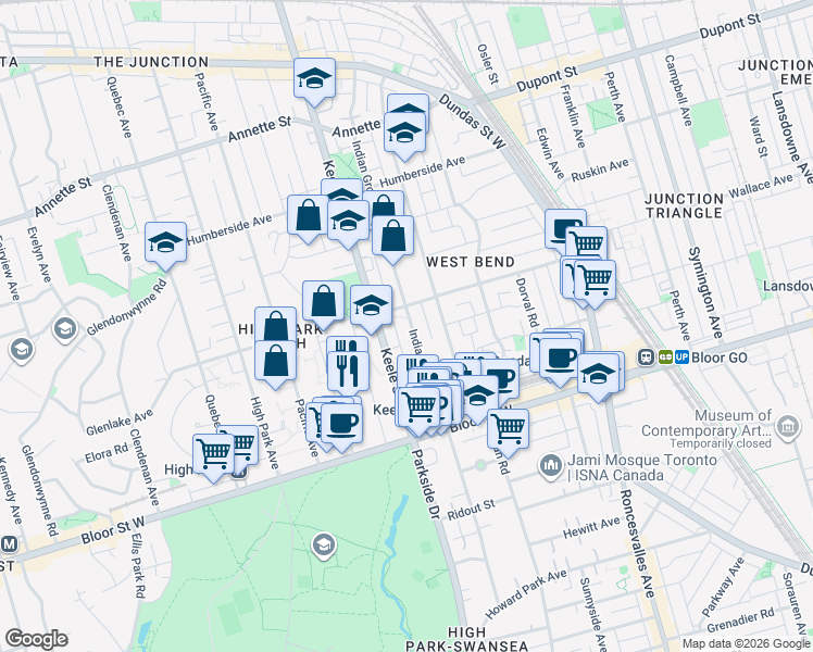 map of restaurants, bars, coffee shops, grocery stores, and more near 234 Indian Grove in Toronto