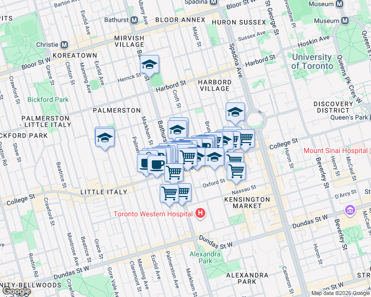map of restaurants, bars, coffee shops, grocery stores, and more near 111 Lippincott Street in Toronto