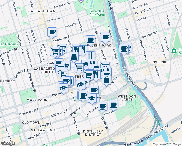map of restaurants, bars, coffee shops, grocery stores, and more near 469 Shuter Street in Toronto