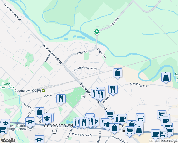 map of restaurants, bars, coffee shops, grocery stores, and more near 15 A Wylie Circle in Halton Hills