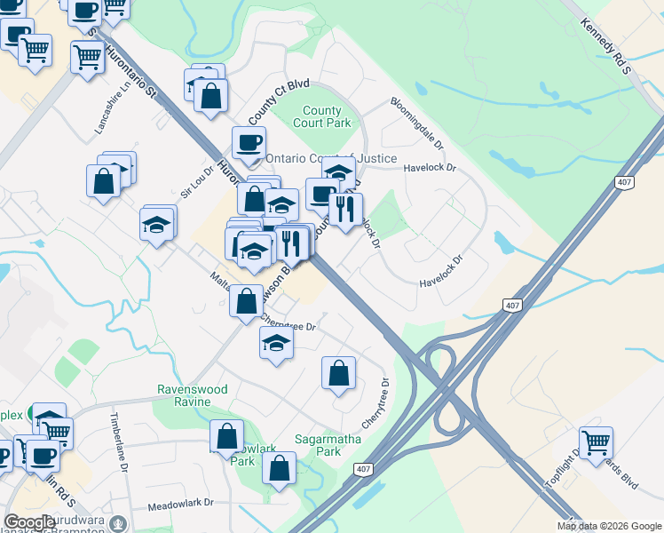 map of restaurants, bars, coffee shops, grocery stores, and more near 7337 Hurontario Street in Brampton