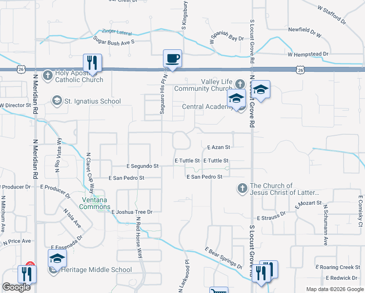 map of restaurants, bars, coffee shops, grocery stores, and more near 1099 East Azan Street in Meridian