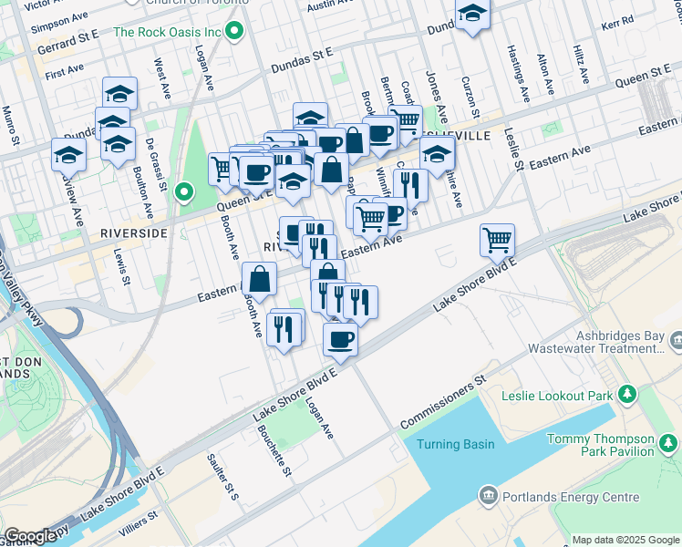 map of restaurants, bars, coffee shops, grocery stores, and more near in Toronto