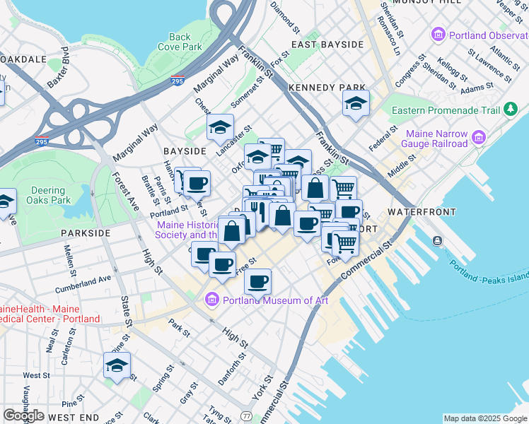 map of restaurants, bars, coffee shops, grocery stores, and more near in Portland