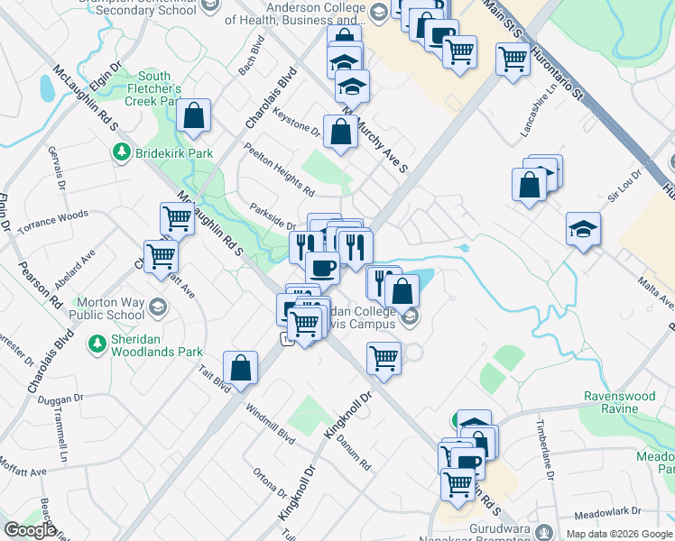 map of restaurants, bars, coffee shops, grocery stores, and more near 520 Steeles Avenue West in Brampton