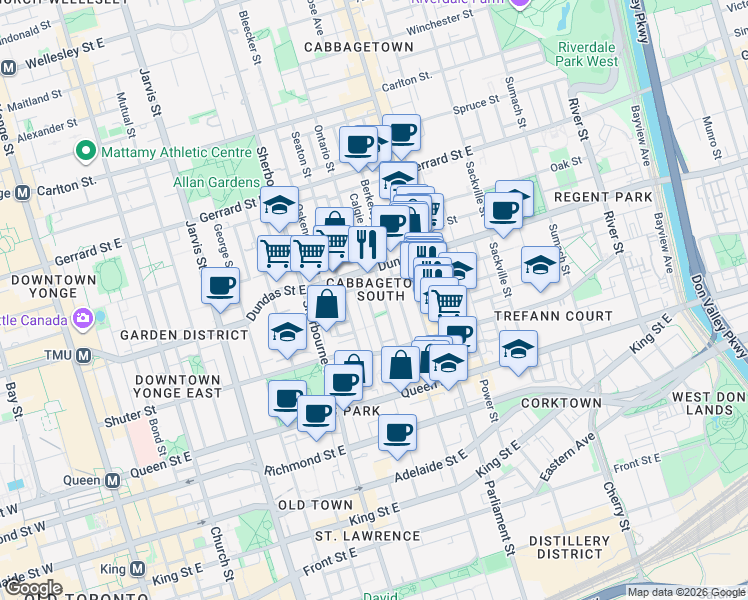 map of restaurants, bars, coffee shops, grocery stores, and more near 251 Ontario Street in Toronto