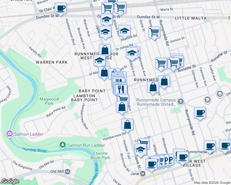 map of restaurants, bars, coffee shops, grocery stores, and more near 392 Jane Street in Toronto