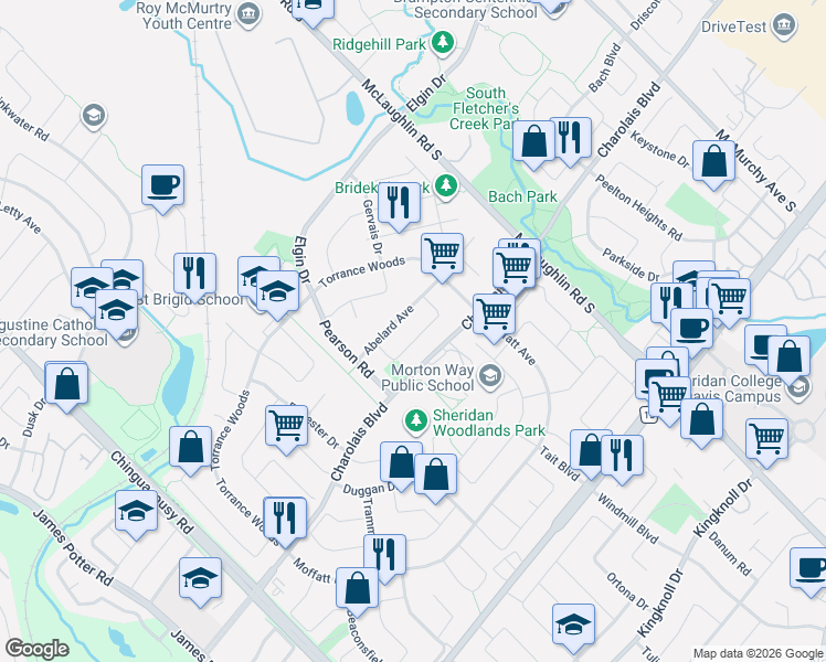 map of restaurants, bars, coffee shops, grocery stores, and more near 23 Dafoe Crescent in Brampton
