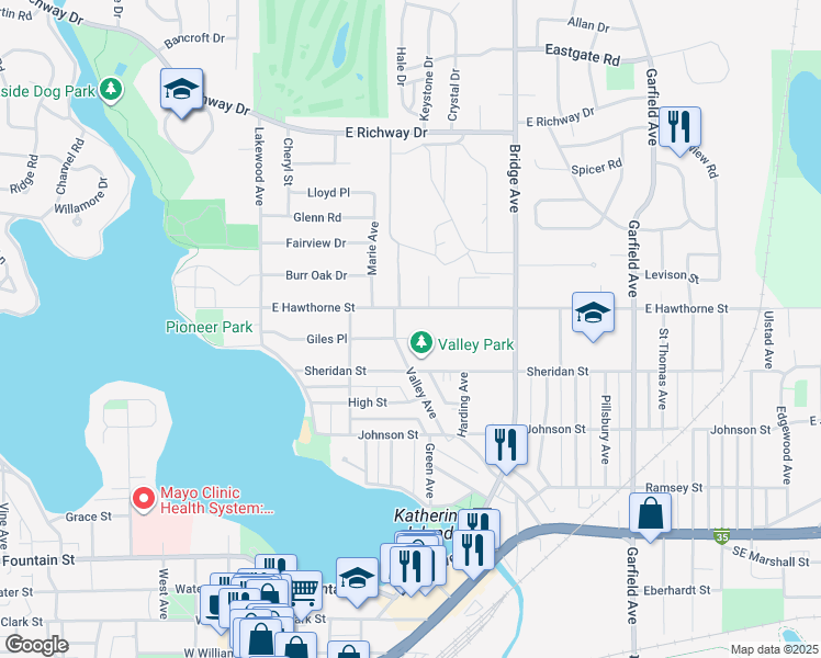 map of restaurants, bars, coffee shops, grocery stores, and more near 503 Giles Place in Albert Lea